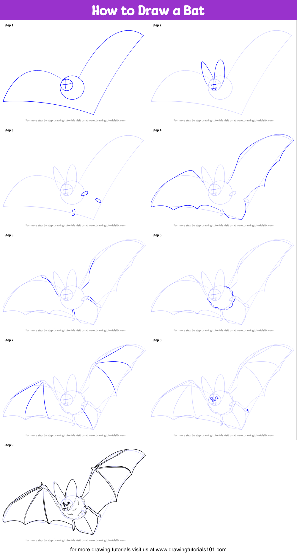 How to Draw a Bat (Birds) Step by Step | DrawingTutorials101.com