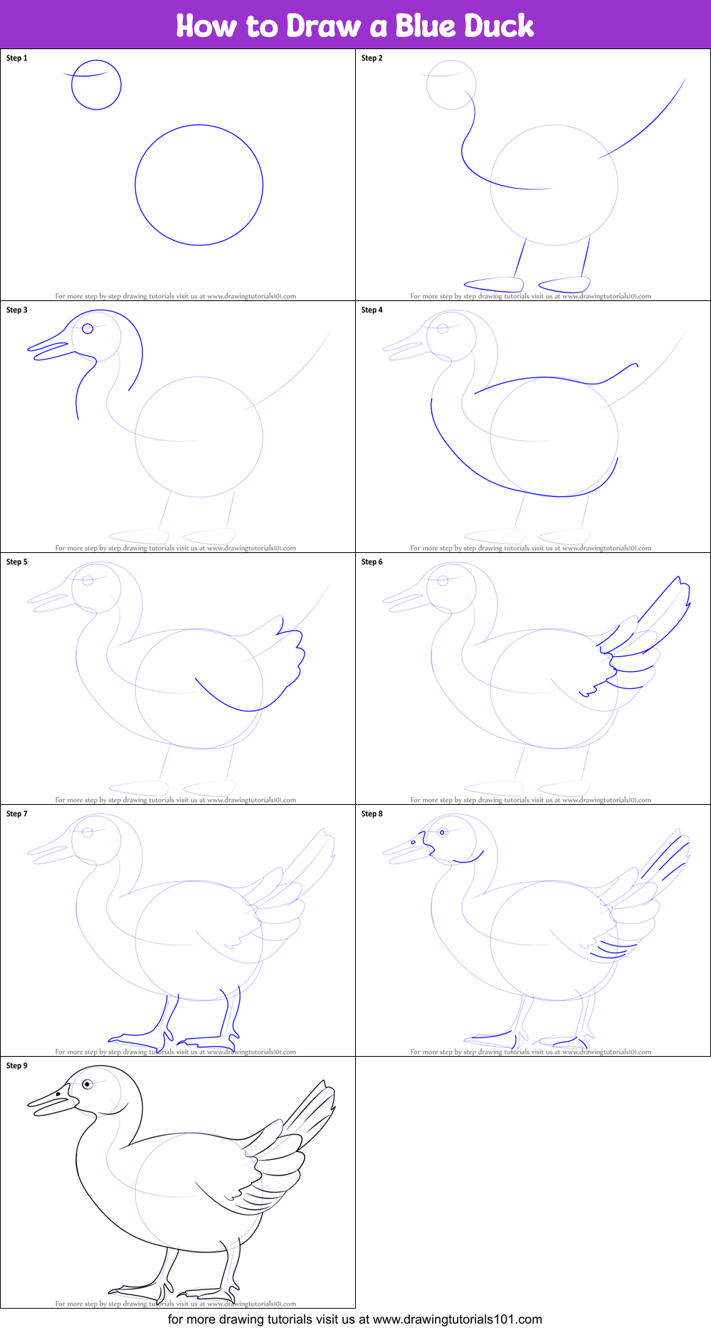 How to Draw a Blue Duck Printable Step by Step