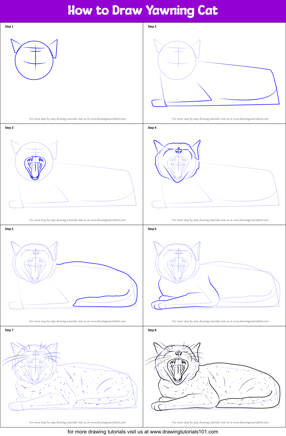 How to Draw Yawning Cat Printable Step by Step