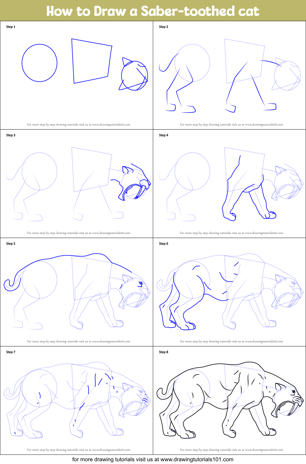 How to Draw a Saber-toothed cat Printable Step by Step