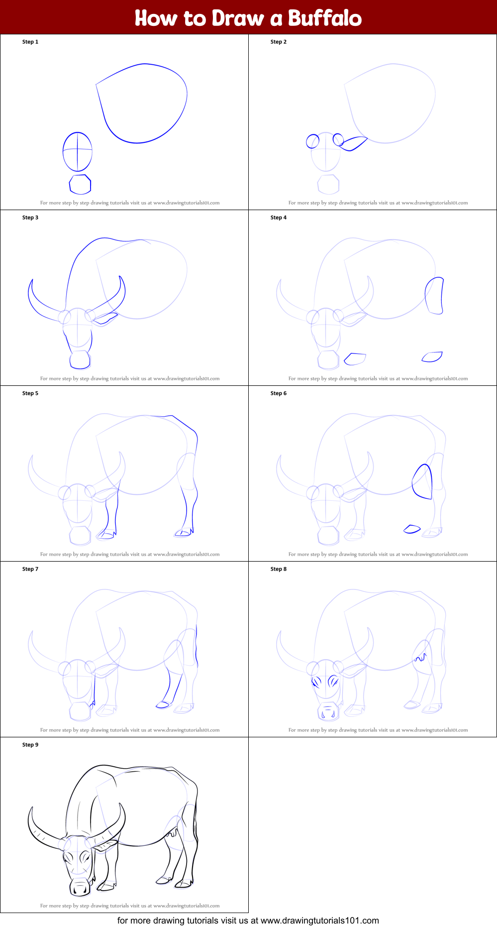 How to Draw a Buffalo Printable Step by Step
