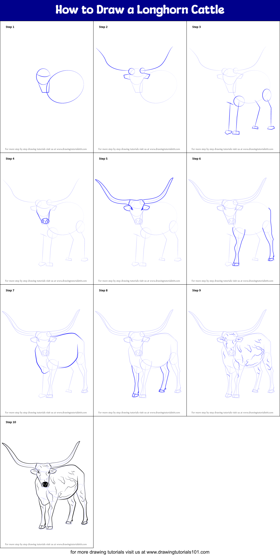 How to Draw a Longhorn Cattle printable step by step drawing sheet