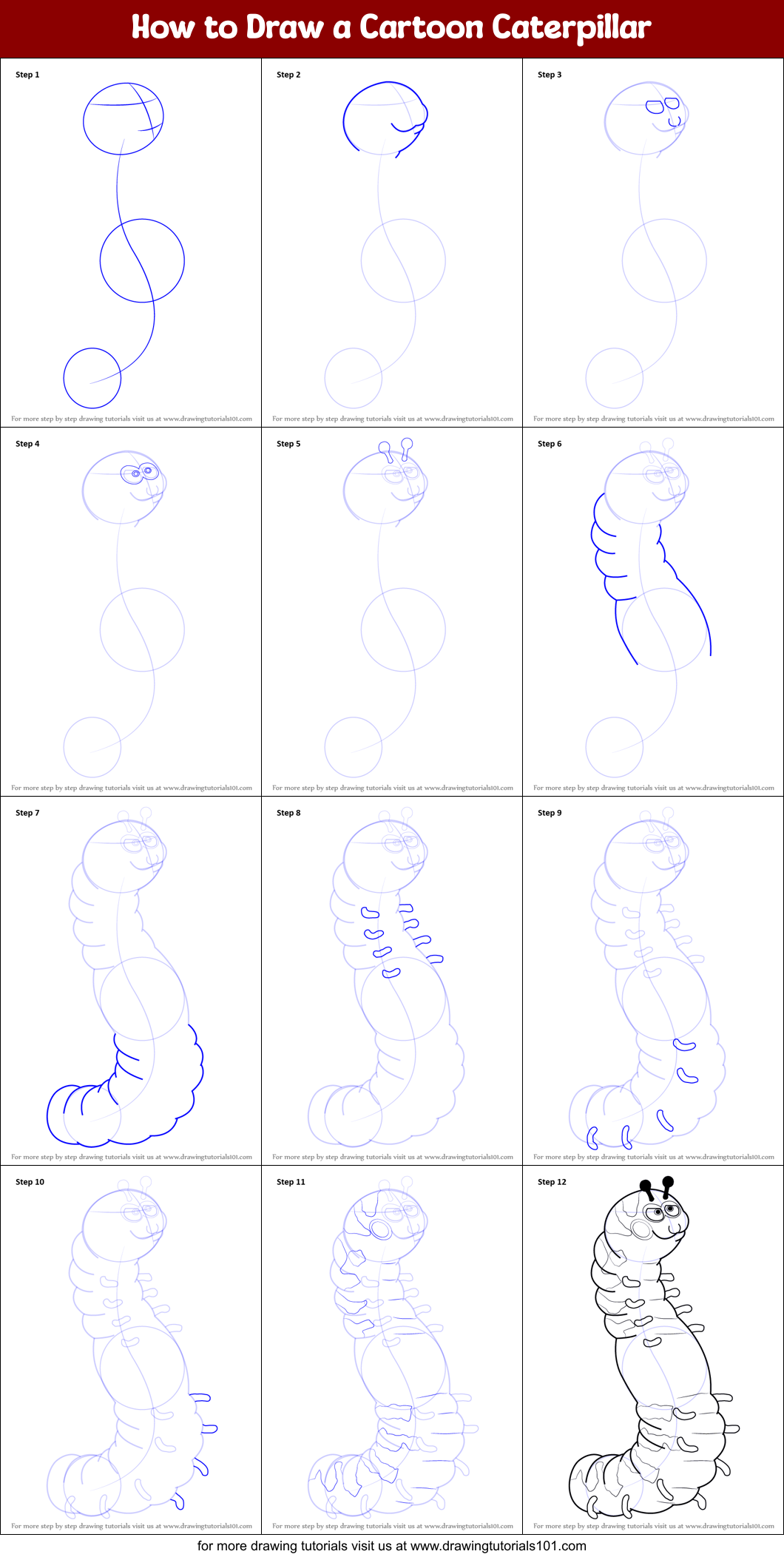 How to Draw a Cartoon Caterpillar printable step by step drawing sheet :  