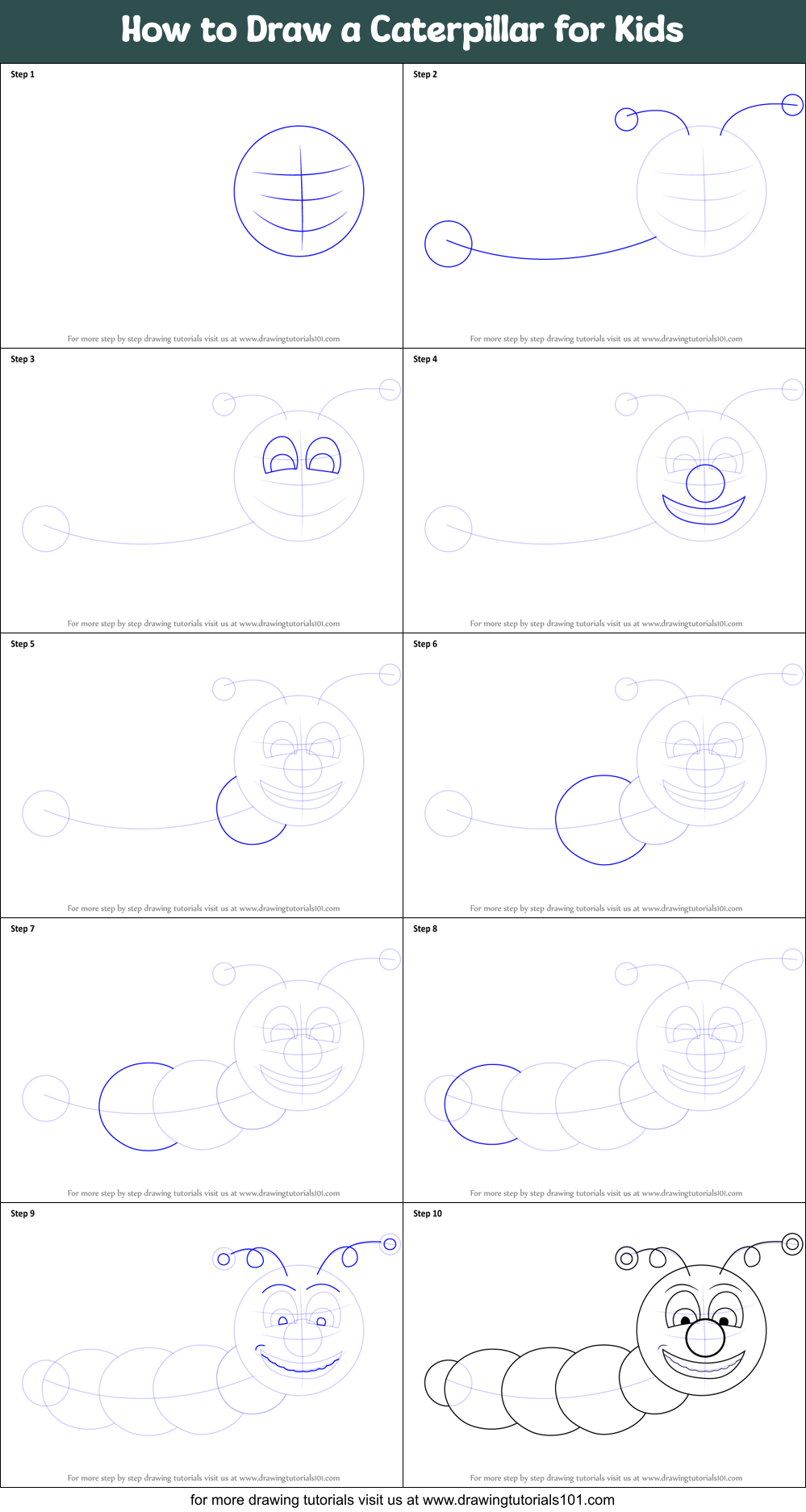 How to Draw a Caterpillar for Kids Printable Step by Step