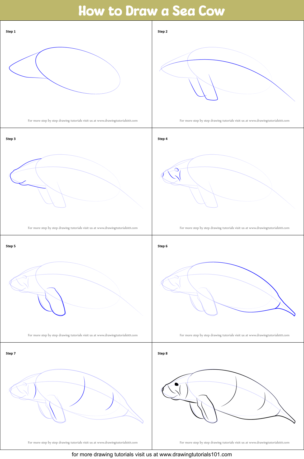 How to Draw a Sea Cow Printable Step by Step