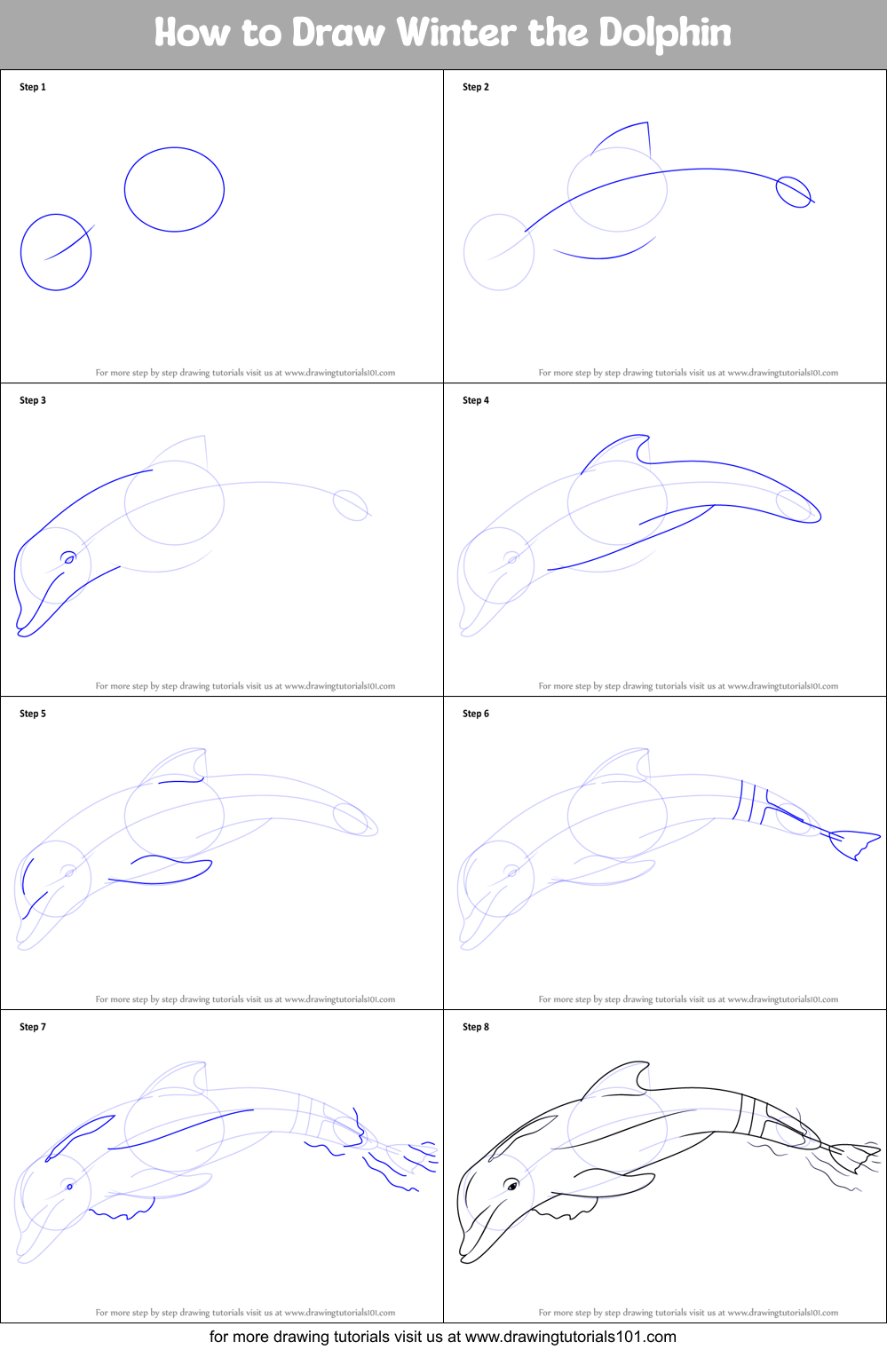 How to Draw Winter the Dolphin Printable Step by Step