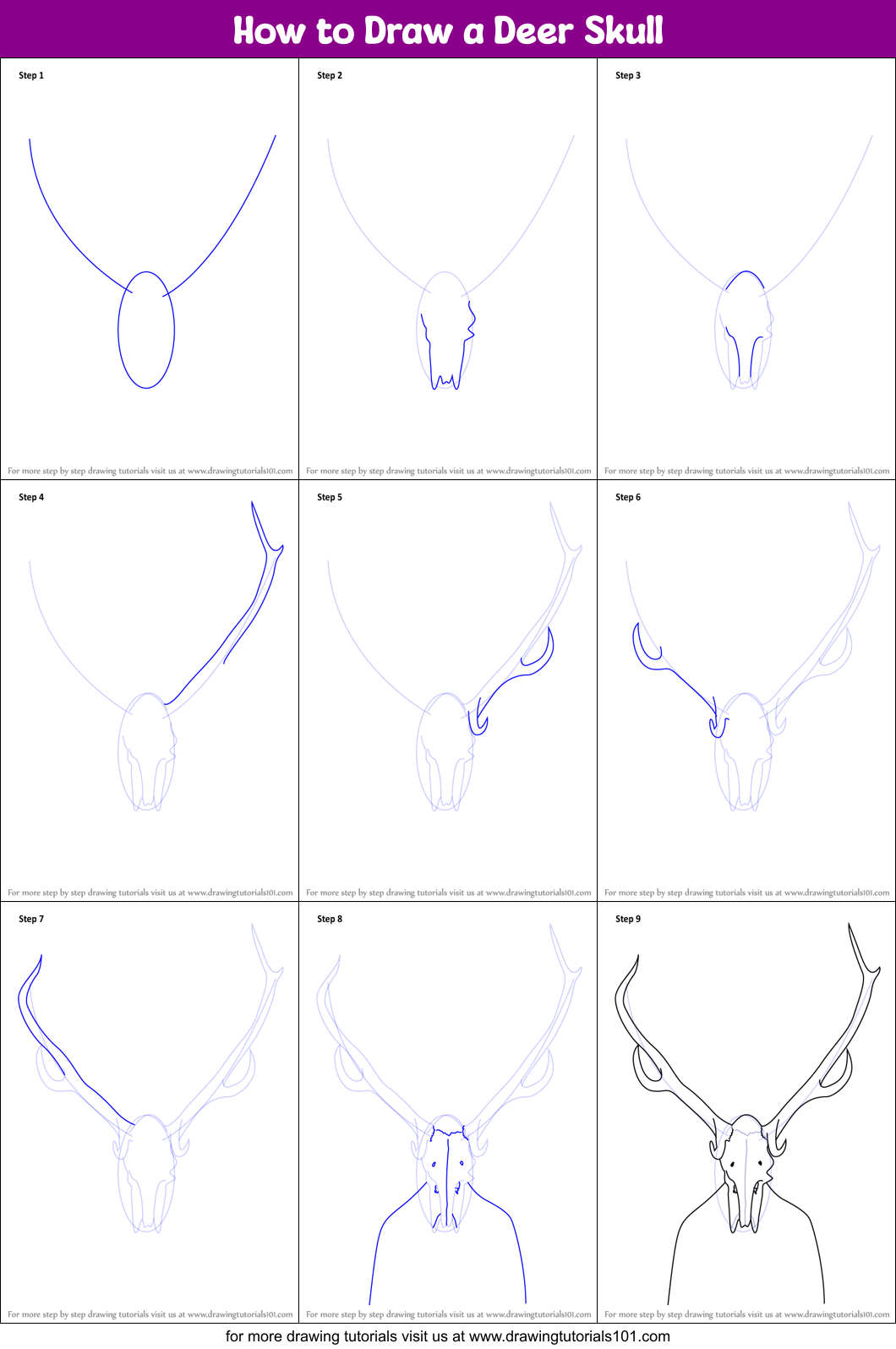 How to Draw a Deer Skull printable step by step drawing sheet