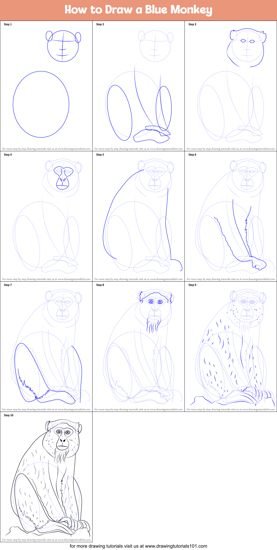 How to Draw a Blue Monkey Printable Step by Step