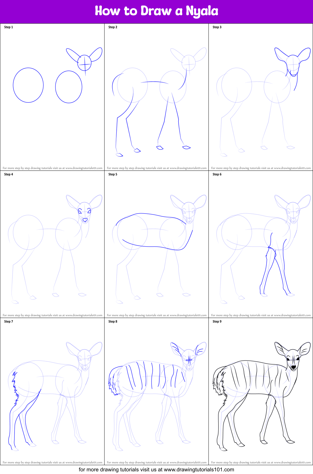 How to Draw a Nyala Printable Step by Step
