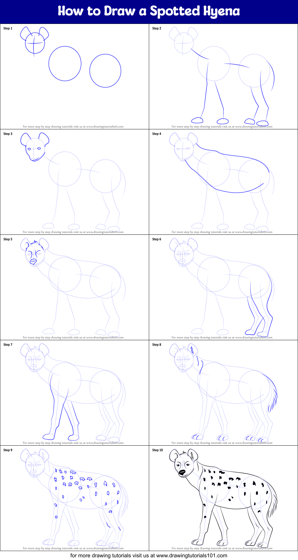 How to Draw a Spotted Hyena printable step by step drawing sheet