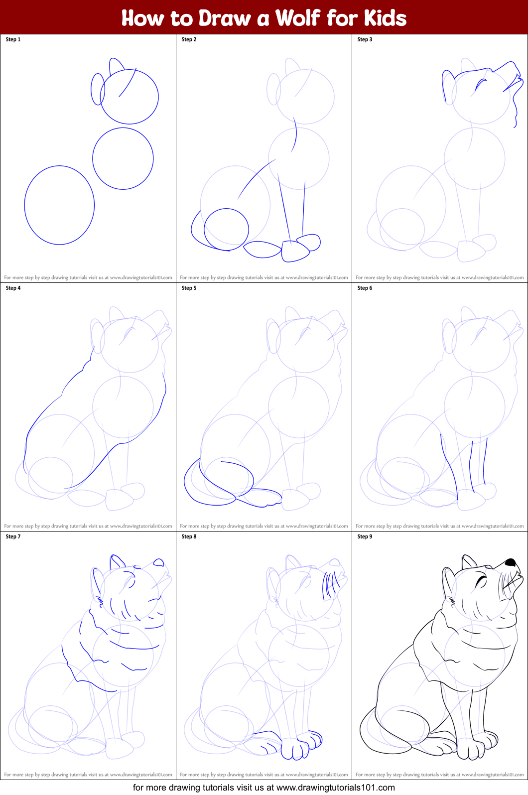 How to Draw a Wolf for Kids Printable Step by Step
