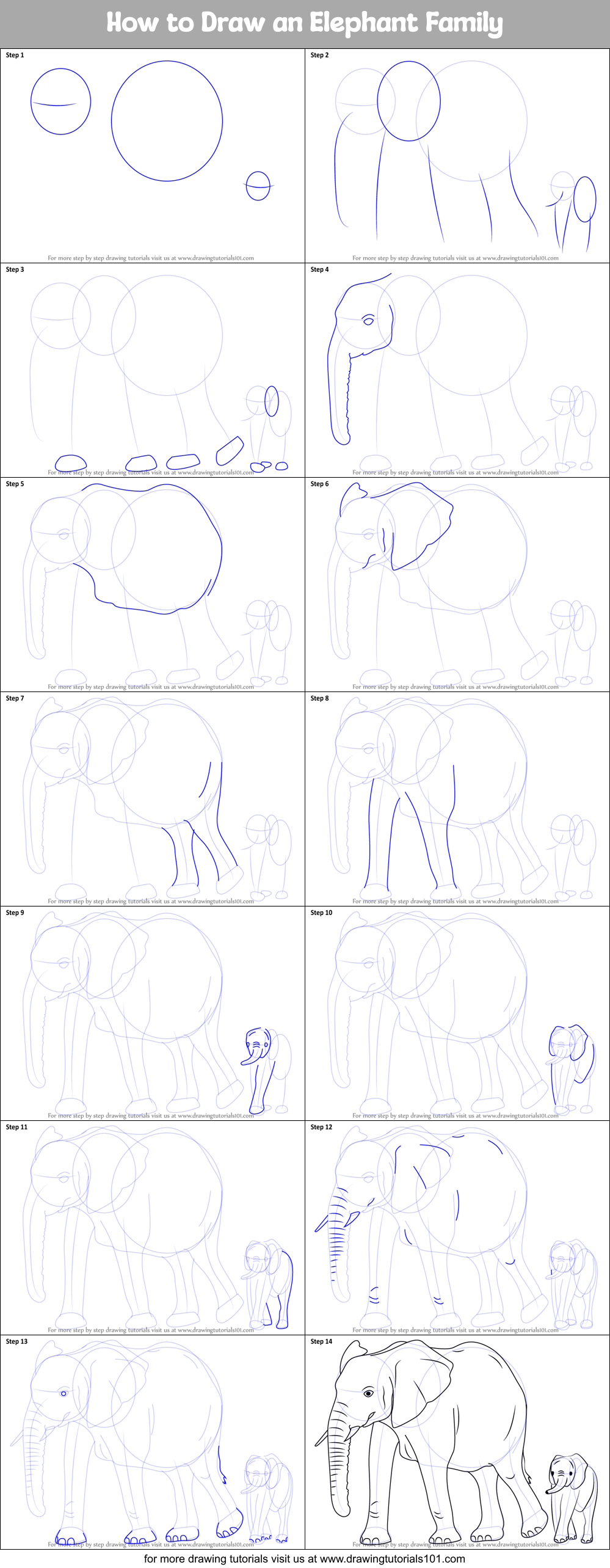 How to Draw an Elephant Family Printable Step by Step