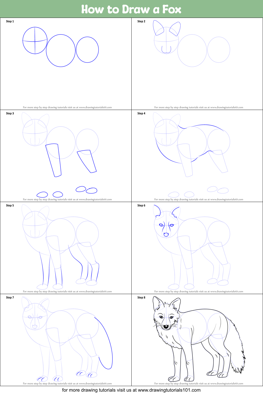 How to Draw a Fox (Zoo Animals) Step by Step | DrawingTutorials101.com