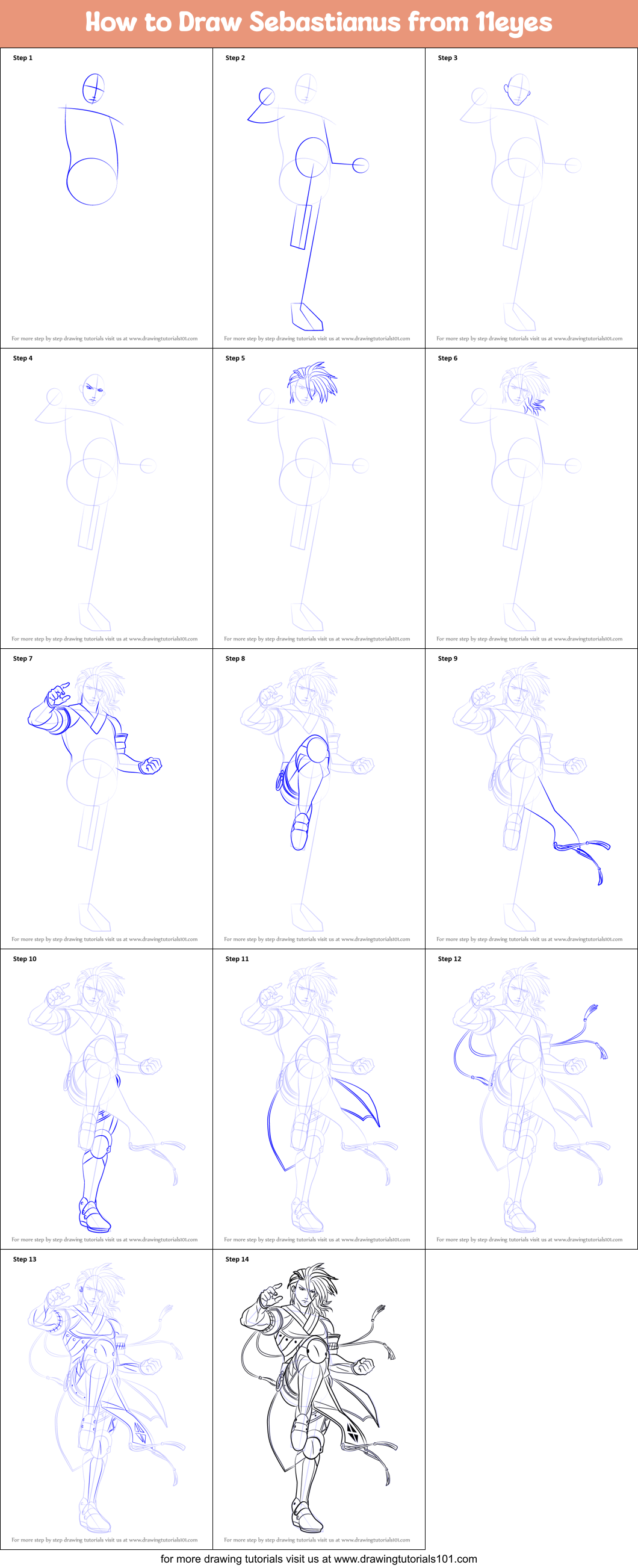 How to Draw Sebastianus from 11eyes Printable Step by Step