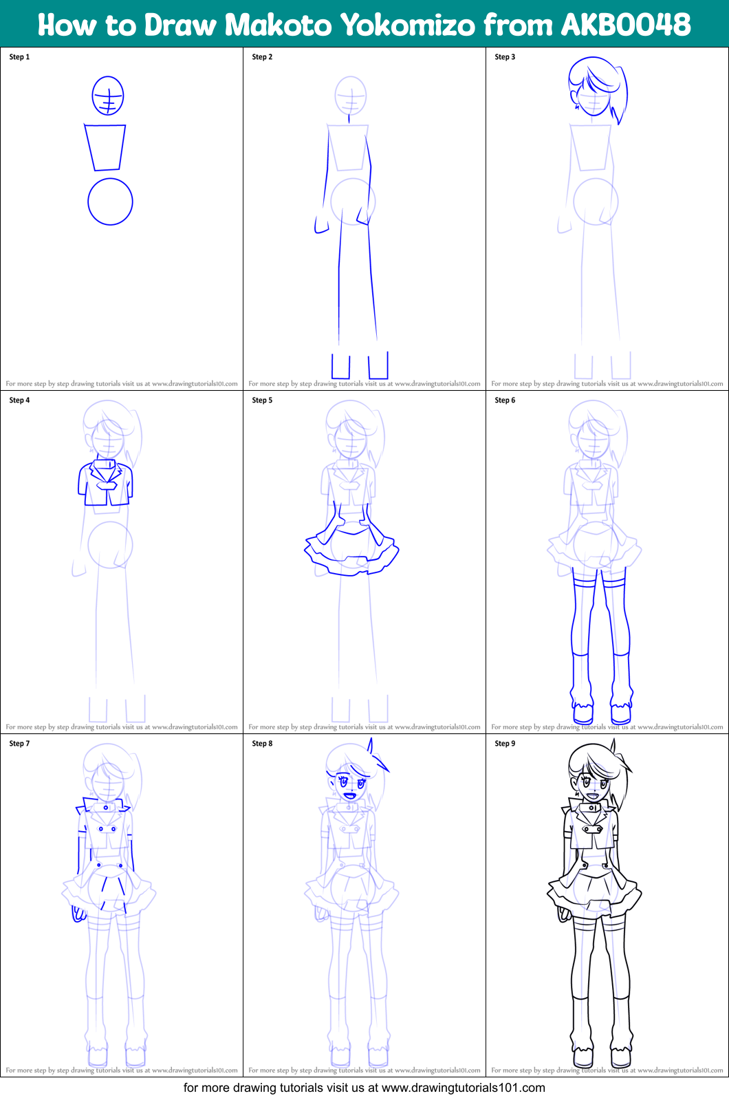 How to Draw Makoto Yokomizo from AKB0048 Printable Step by Step