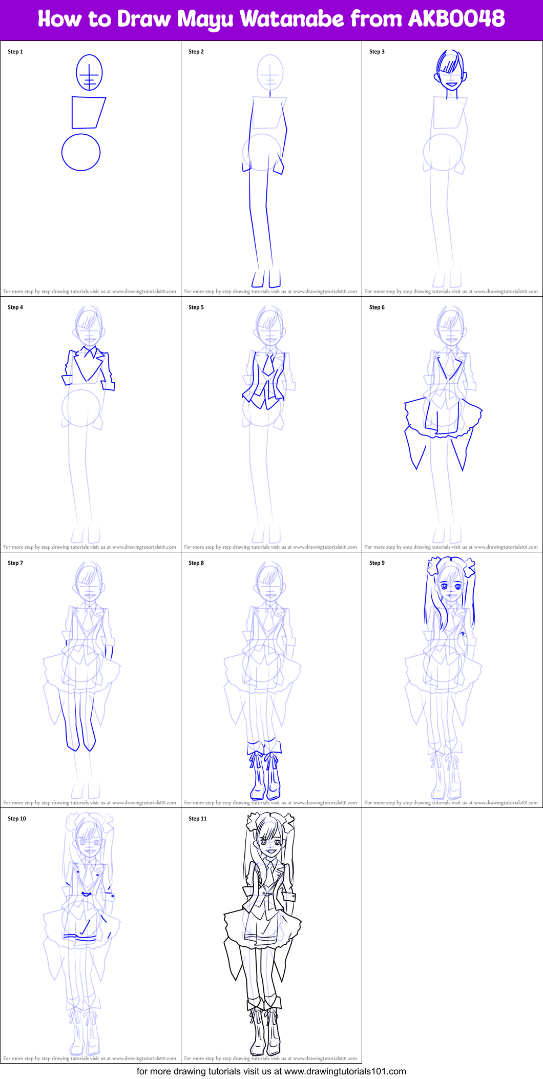 How to Draw Mayu Watanabe from AKB0048 Printable Step by Step