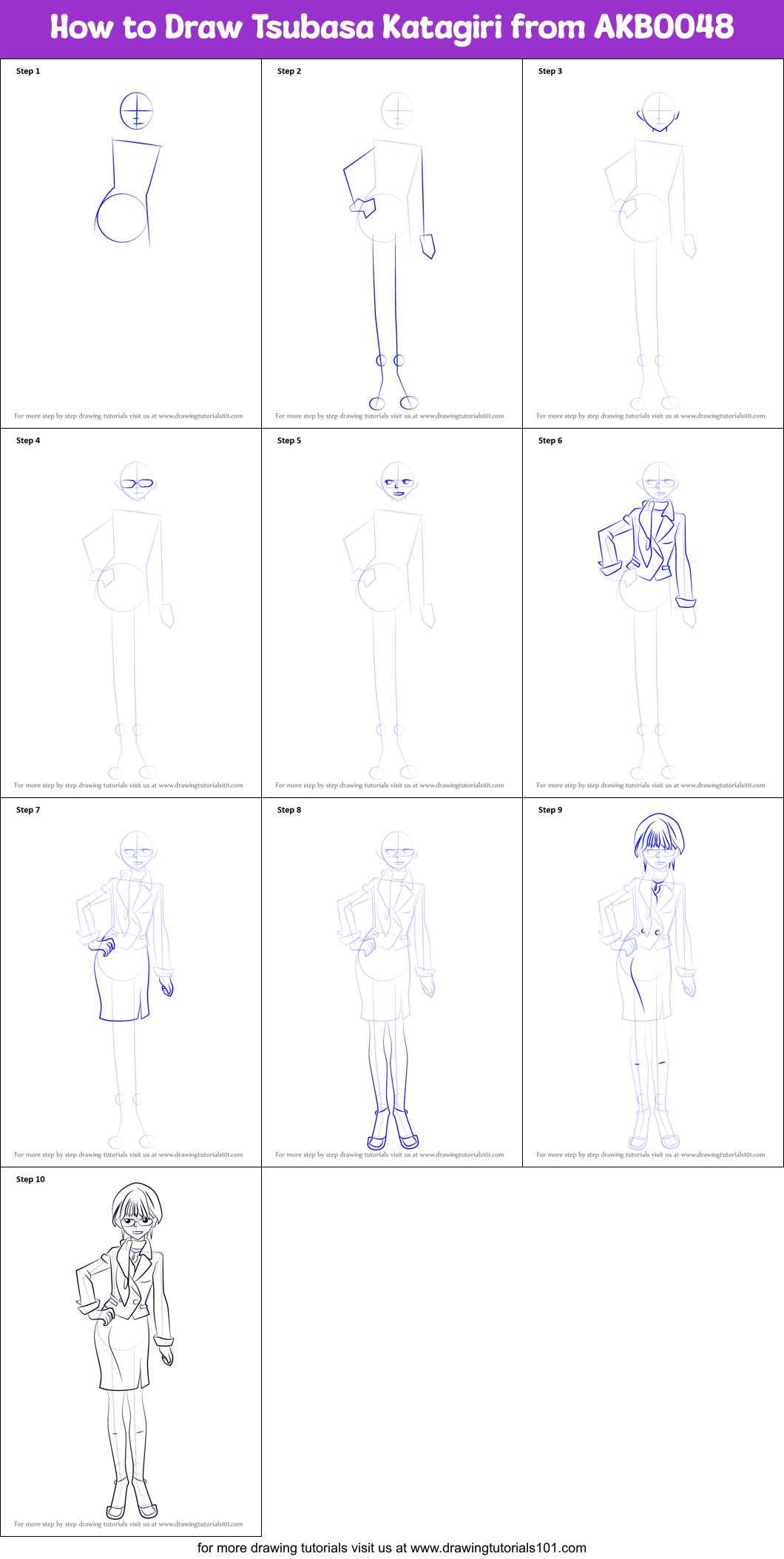 How to Draw Tsubasa Katagiri from AKB0048 Printable Step by Step