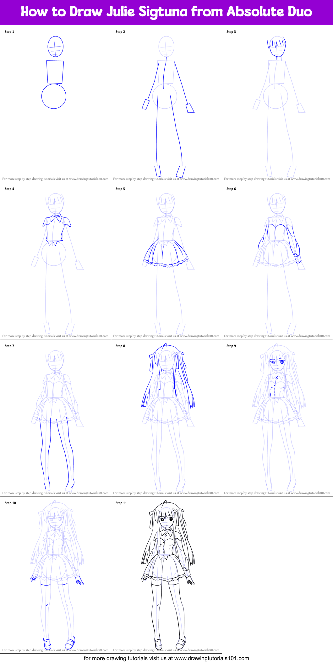 How to Draw Julie Sigtuna from Absolute Duo Printable Step by Step