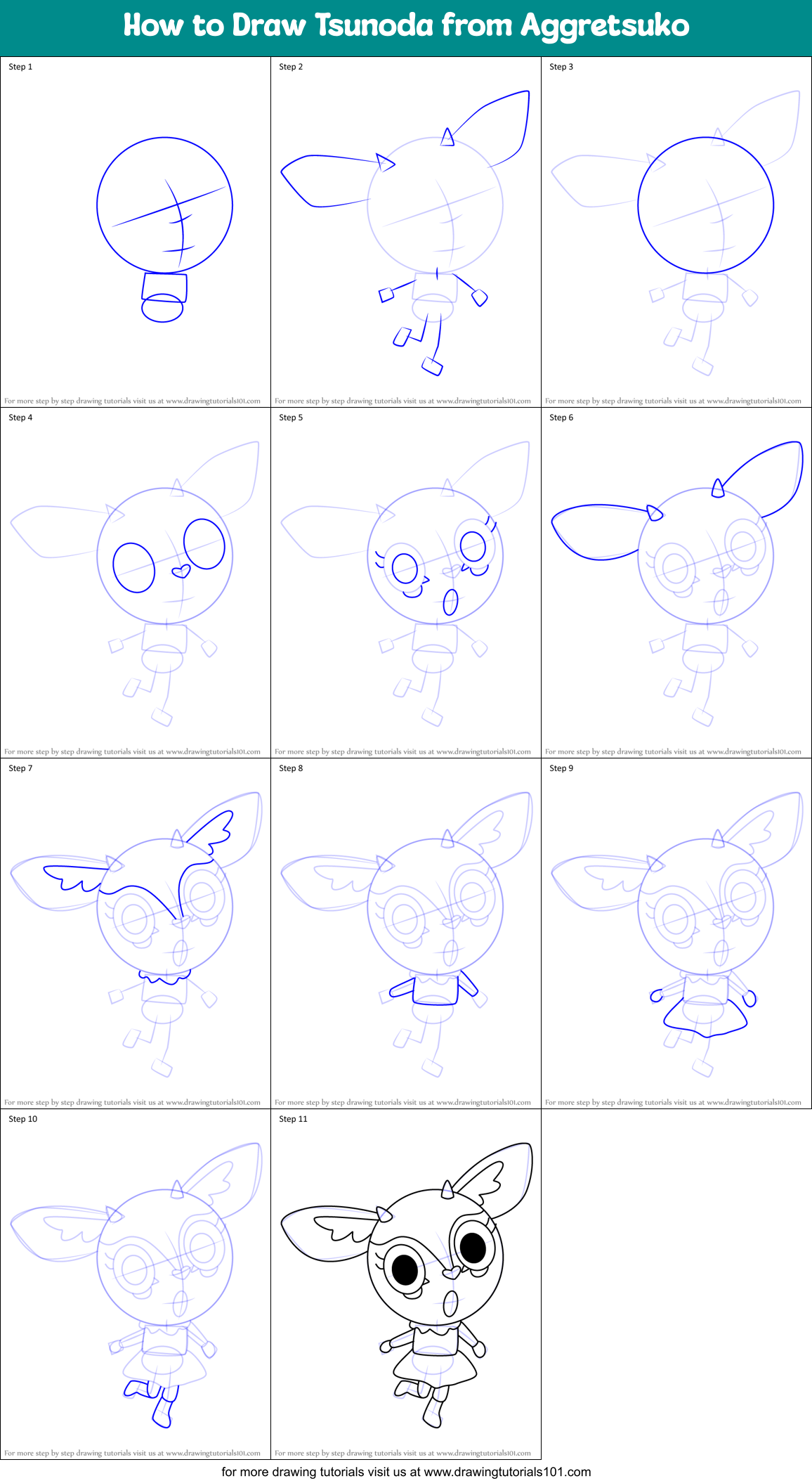 How to Draw Tsunoda from Aggretsuko Printable Step by Step