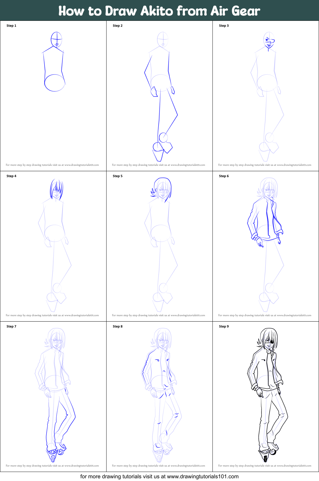 How to Draw Akito from Air Gear Printable Step by Step