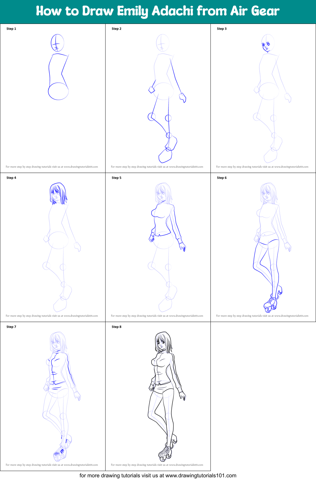 How to Draw Emily Adachi from Air Gear Printable Step by Step
