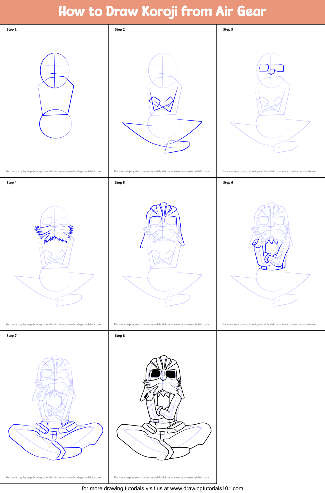 How to Draw Koroji from Air Gear Printable Step by Step