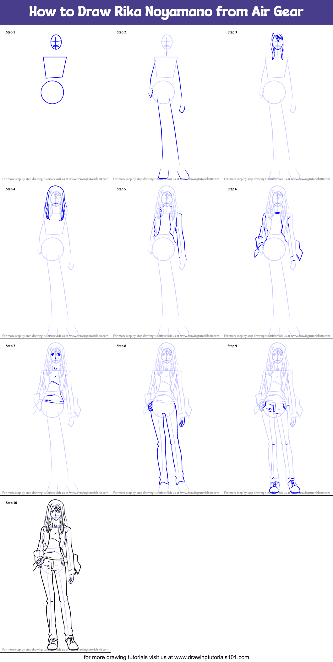 How to Draw Rika Noyamano from Air Gear Printable Step by Step