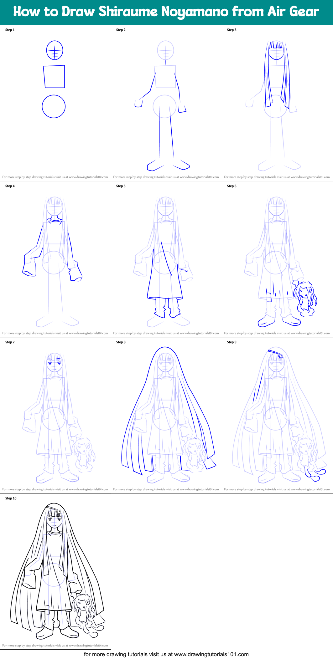 How to Draw Shiraume Noyamano from Air Gear Printable Step by Step
