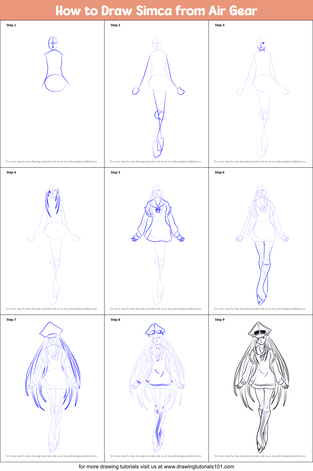How to Draw Simca from Air Gear Printable Step by Step