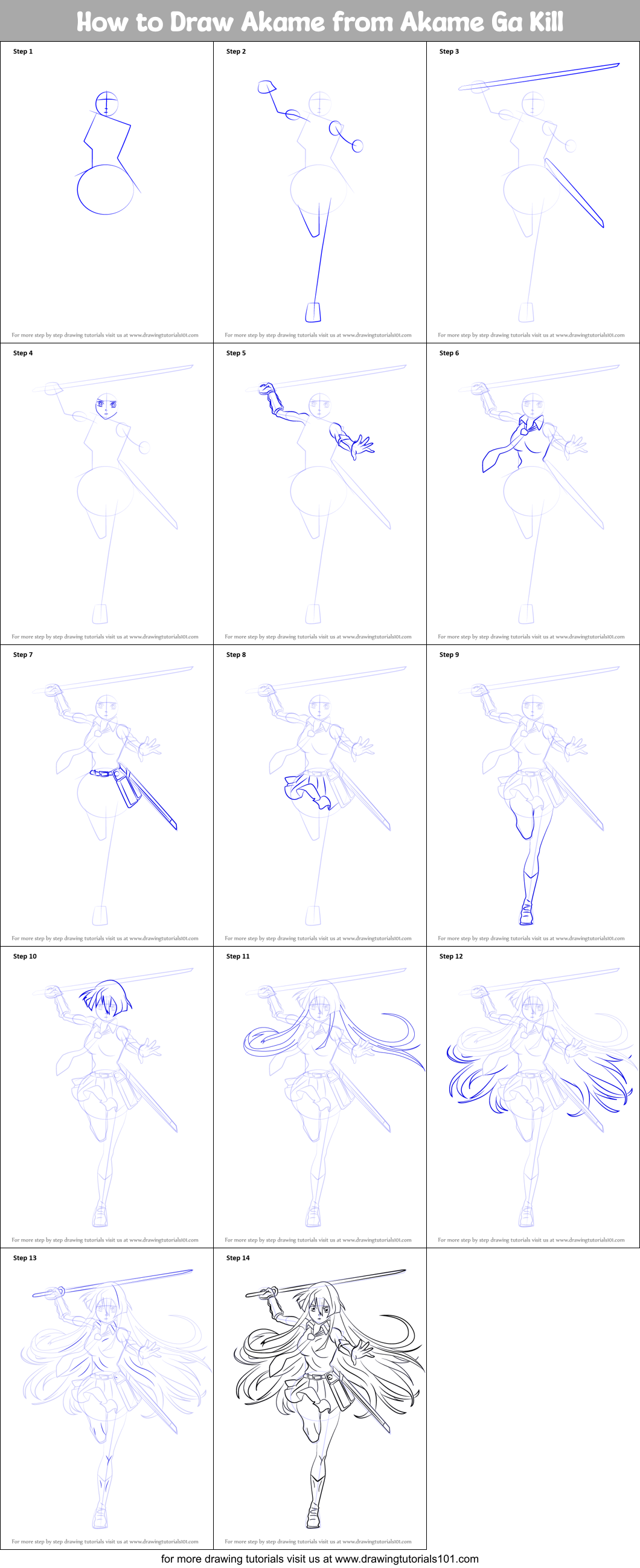 How to Draw Akame from Akame Ga Kill Printable Step by Step