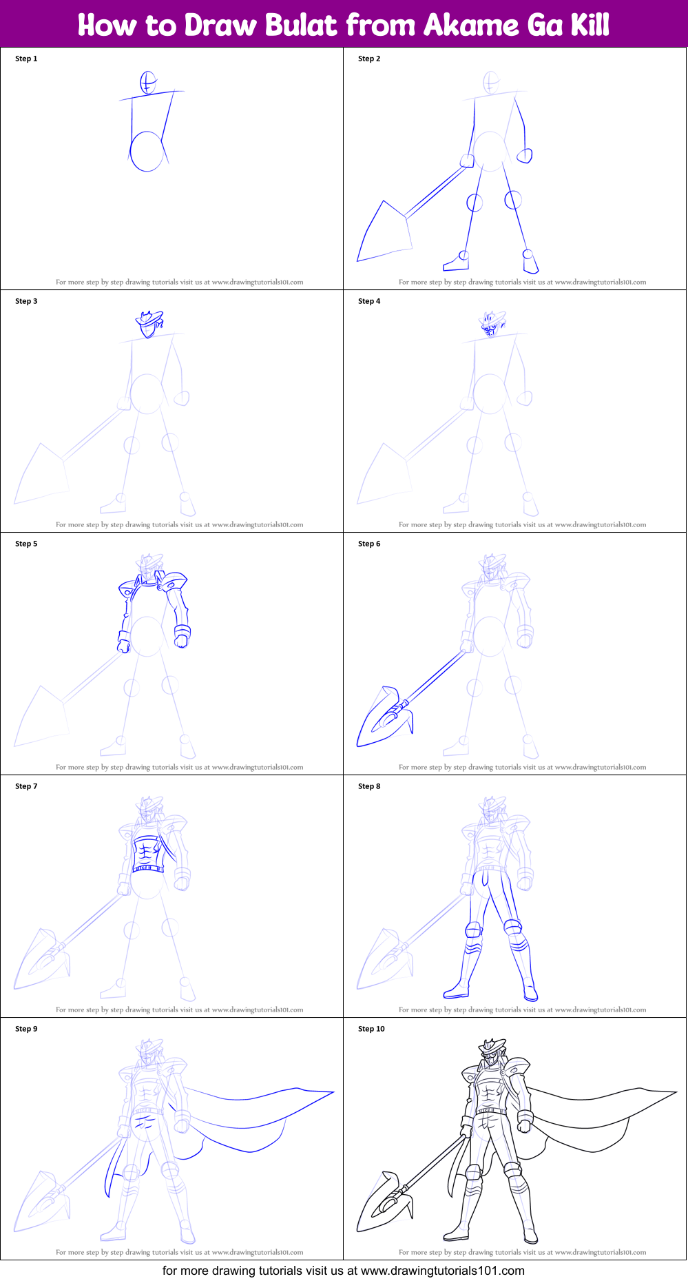 How to Draw Bulat from Akame Ga Kill Printable Step by Step