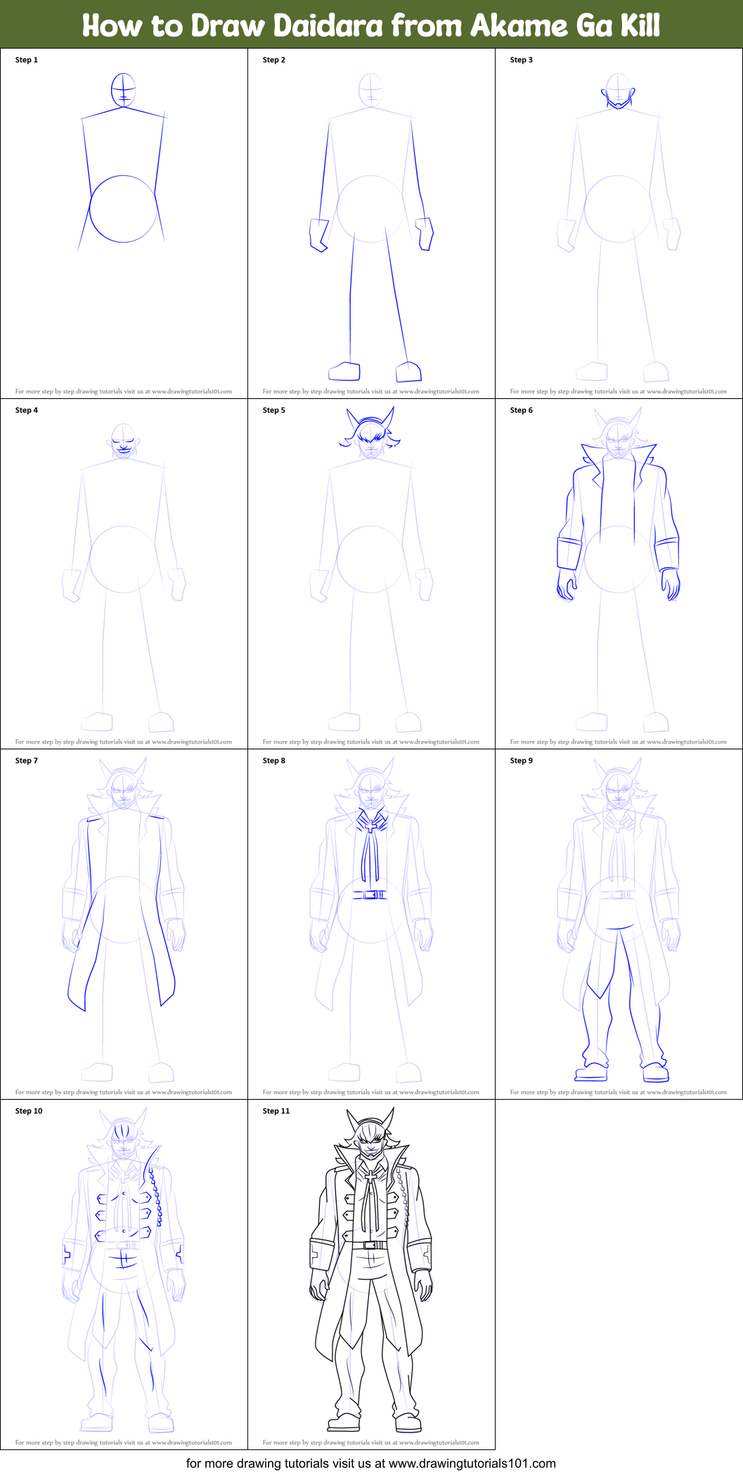 How to Draw Daidara from Akame Ga Kill printable step by step drawing sheet ...