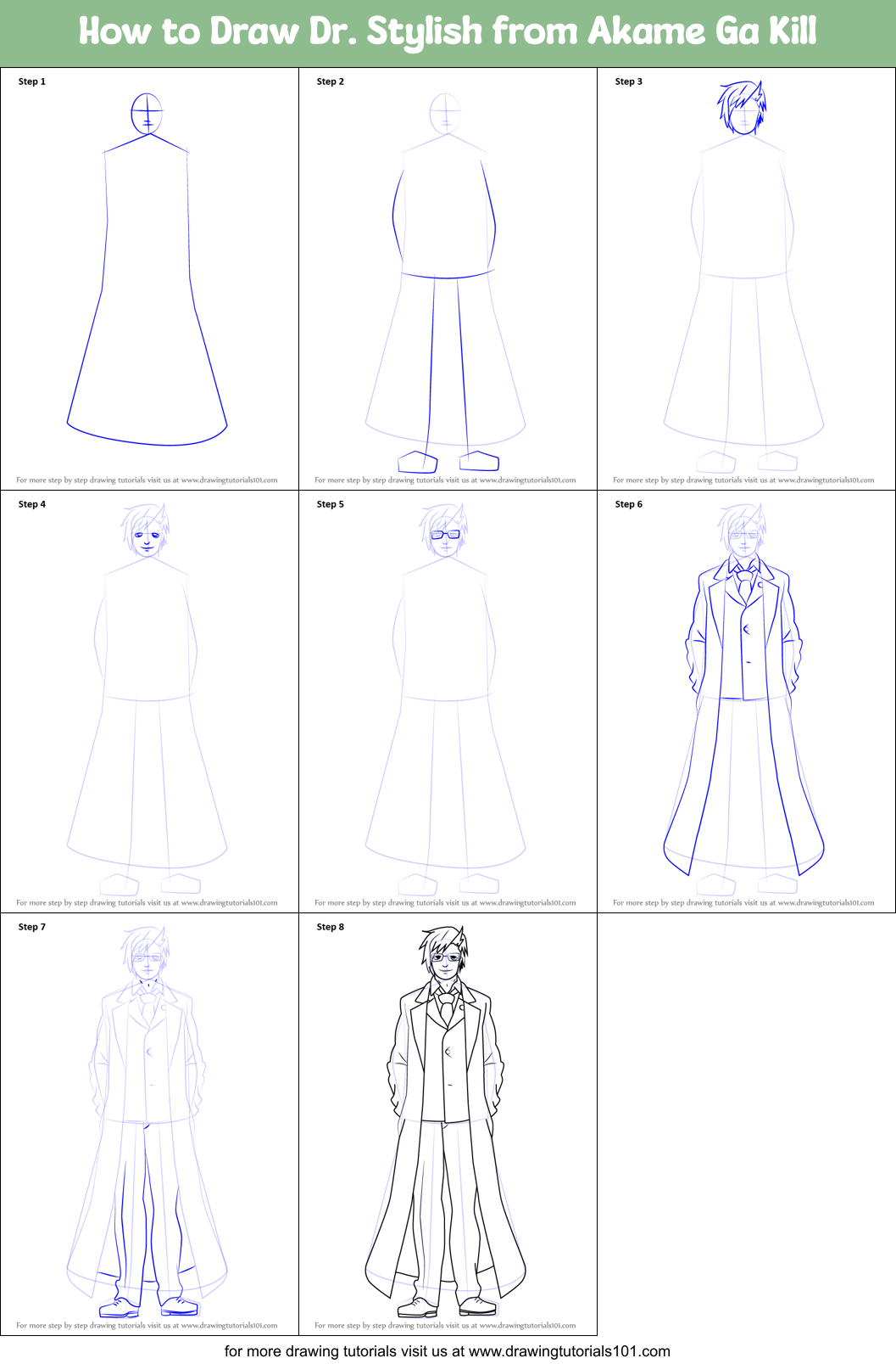 How to Draw Dr. Stylish from Akame Ga Kill Printable Step by Step