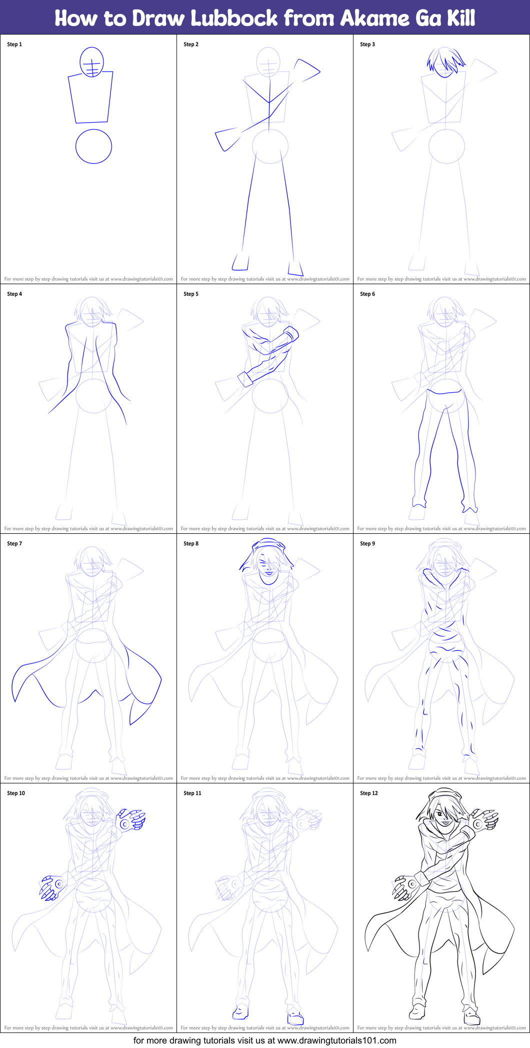 How to Draw Lubbock from Akame Ga Kill Printable Step by Step