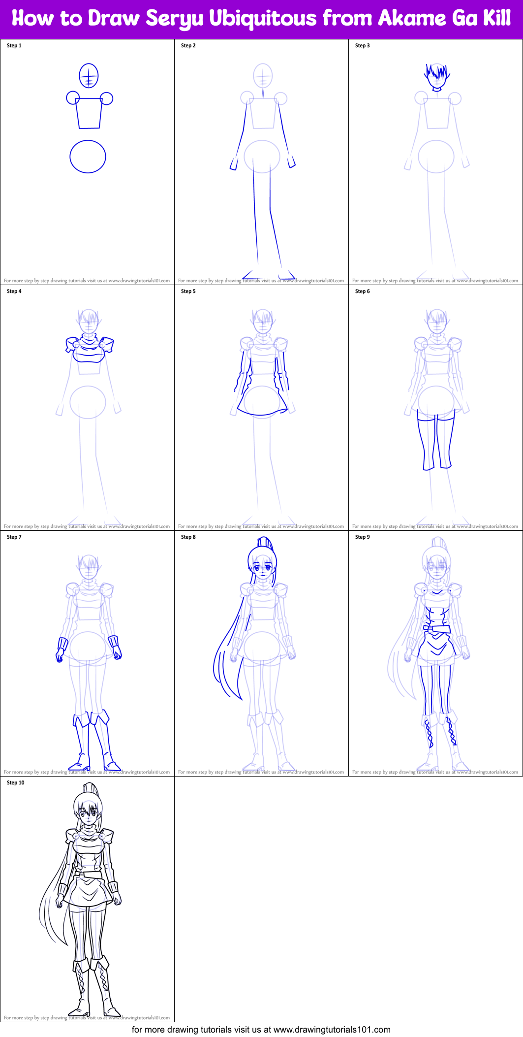 How to Draw Seryu Ubiquitous from Akame Ga Kill Printable Step by Step