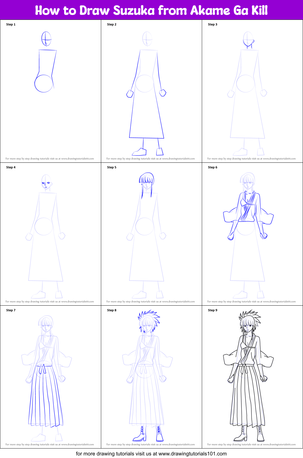 How to Draw Suzuka from Akame Ga Kill Printable Step by Step