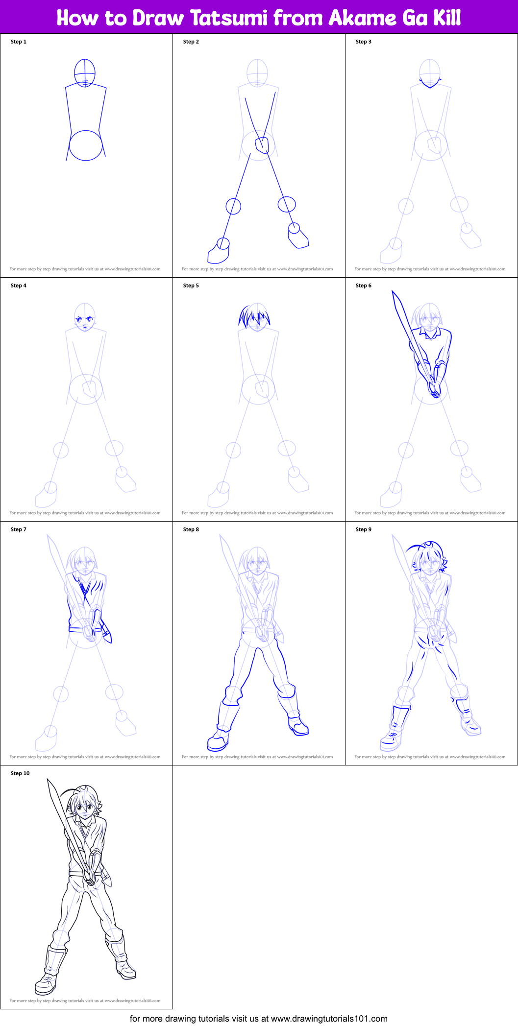 How to Draw Tatsumi from Akame Ga Kill Printable Step by Step