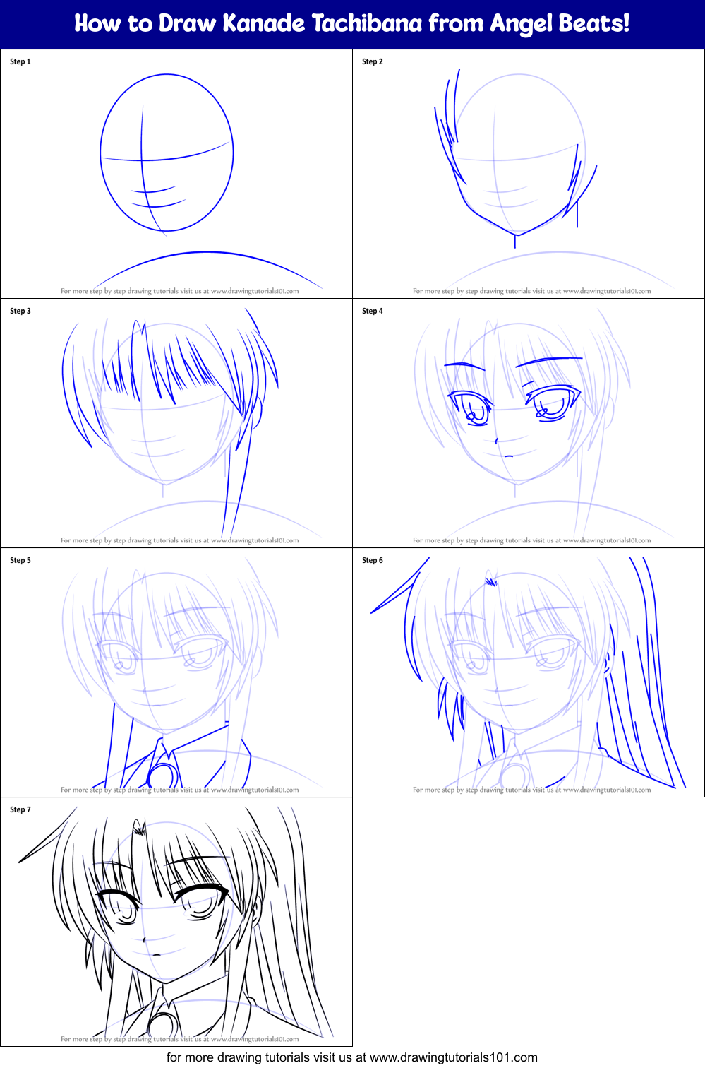 How to Draw Kanade Tachibana from Angel Beats! Printable Step by Step