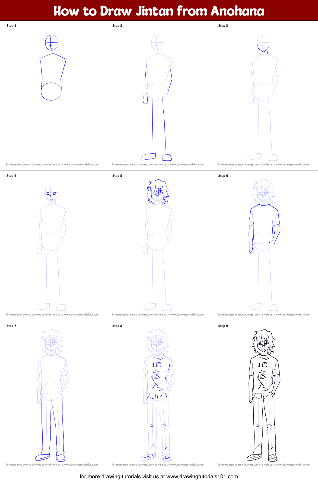 How to Draw Jintan from Anohana Printable Step by Step