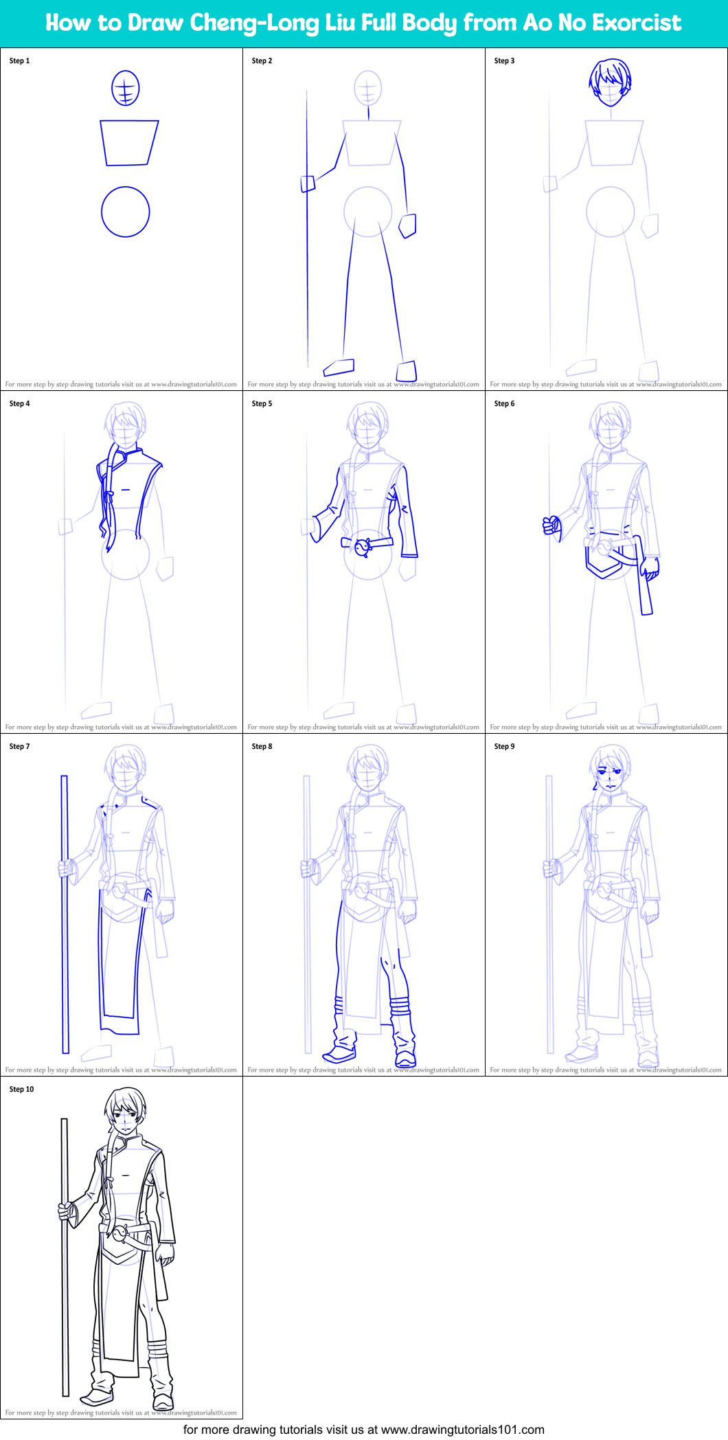 How to Draw Cheng-Long Liu Full Body from Ao No Exorcist Printable Step by Step