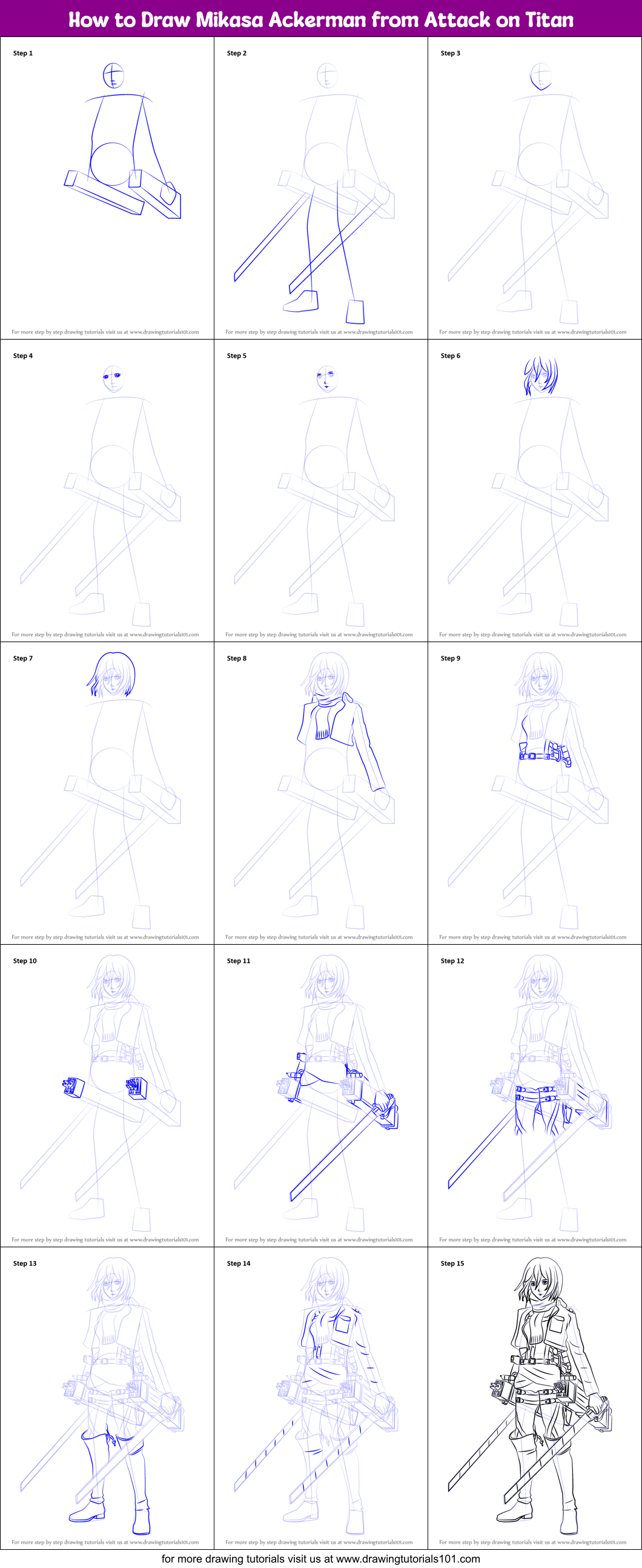 How to Draw Mikasa Ackerman from Attack on Titan Printable Step by Step