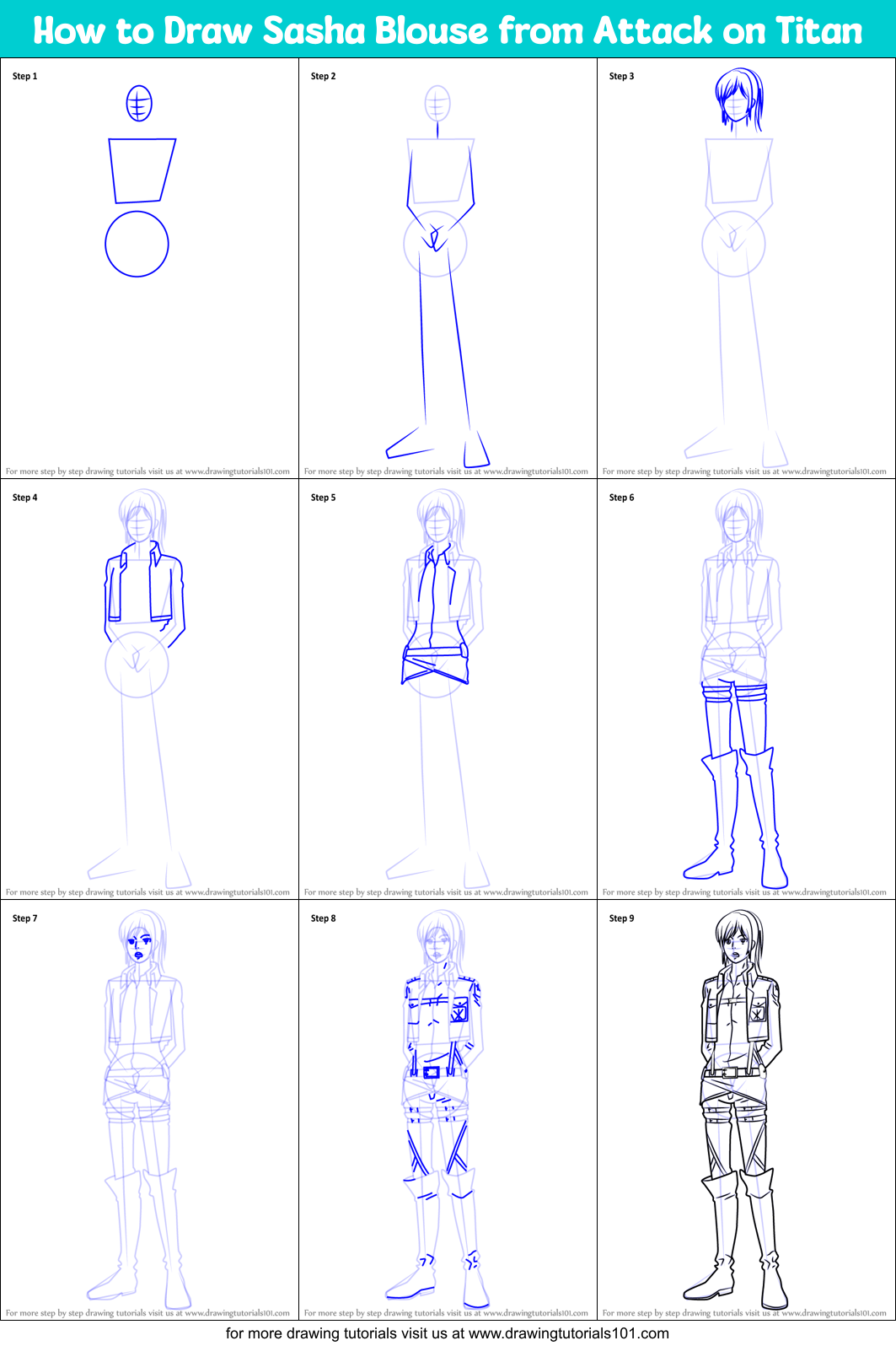 How to Draw Sasha Blouse from Attack on Titan Printable Step by Step