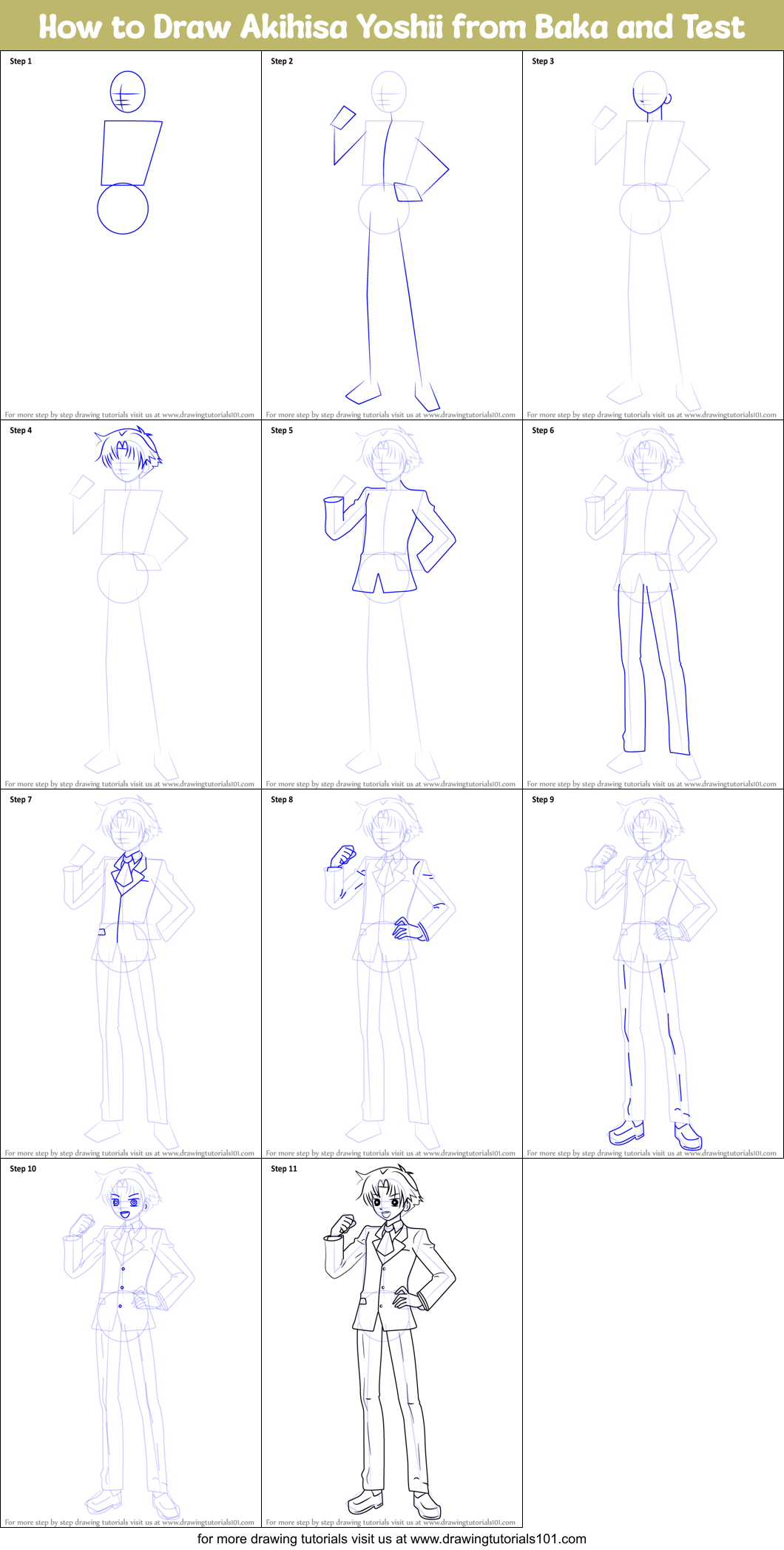 How to Draw Akihisa Yoshii from Baka and Test Printable Step by Step