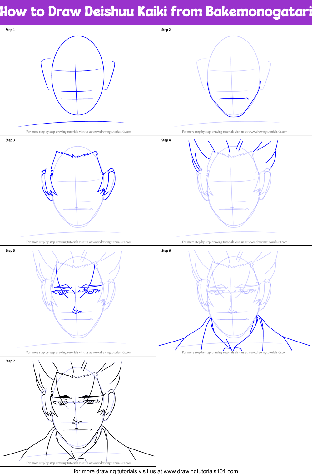 How to Draw Deishuu Kaiki from Bakemonogatari Printable Step by Step