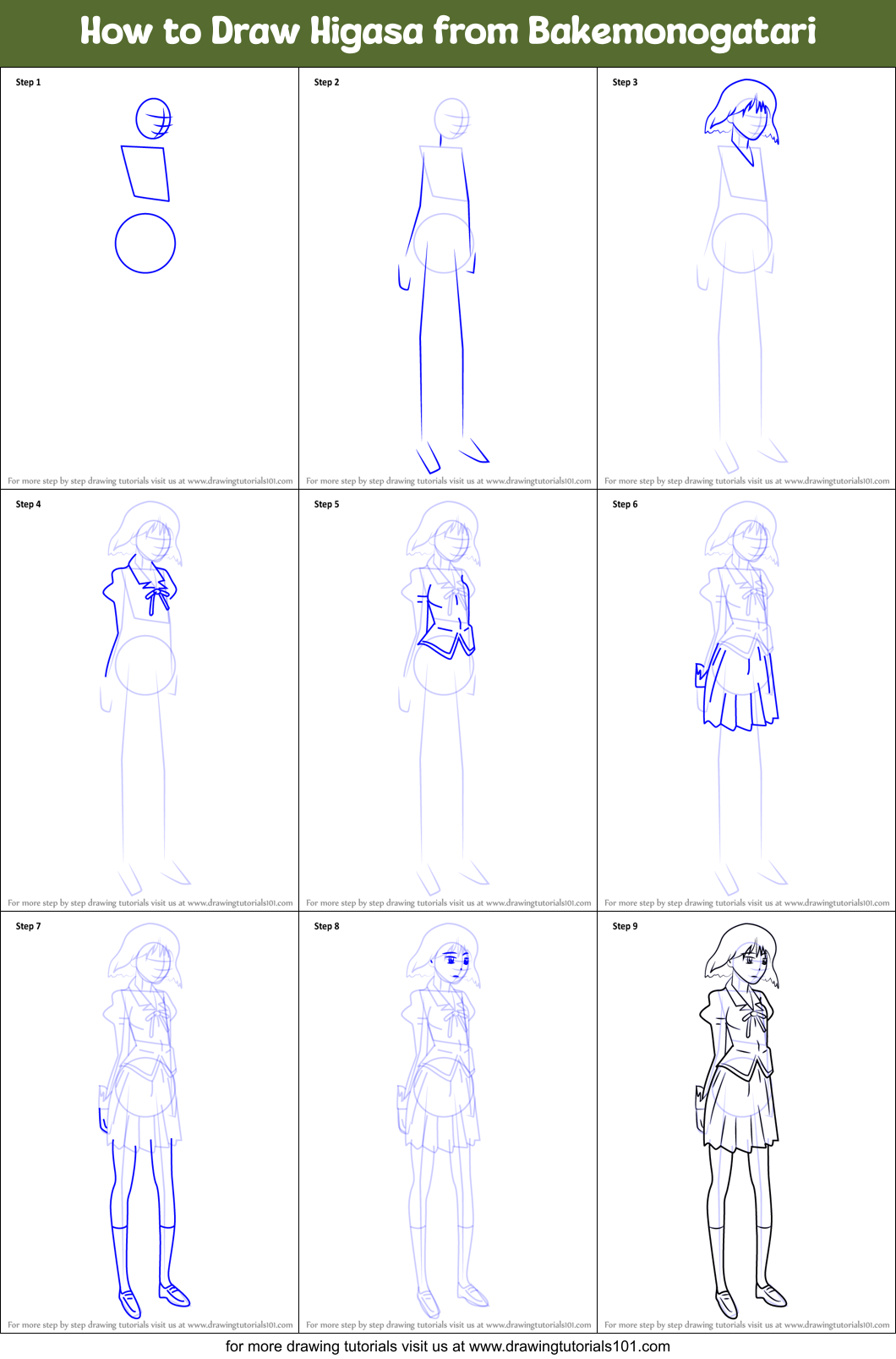 How to Draw Higasa from Bakemonogatari Printable Step by Step