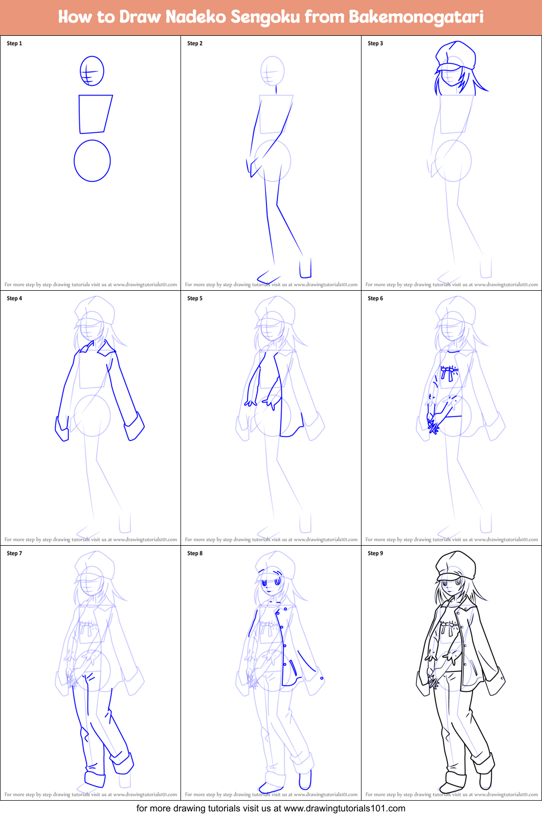 How to Draw Nadeko Sengoku from Bakemonogatari Printable Step by Step