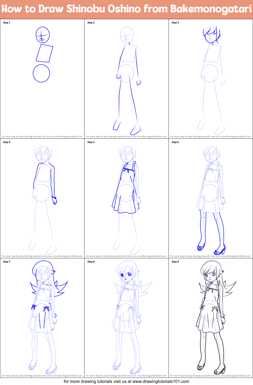 How to Draw Shinobu Oshino from Bakemonogatari Printable Step by Step