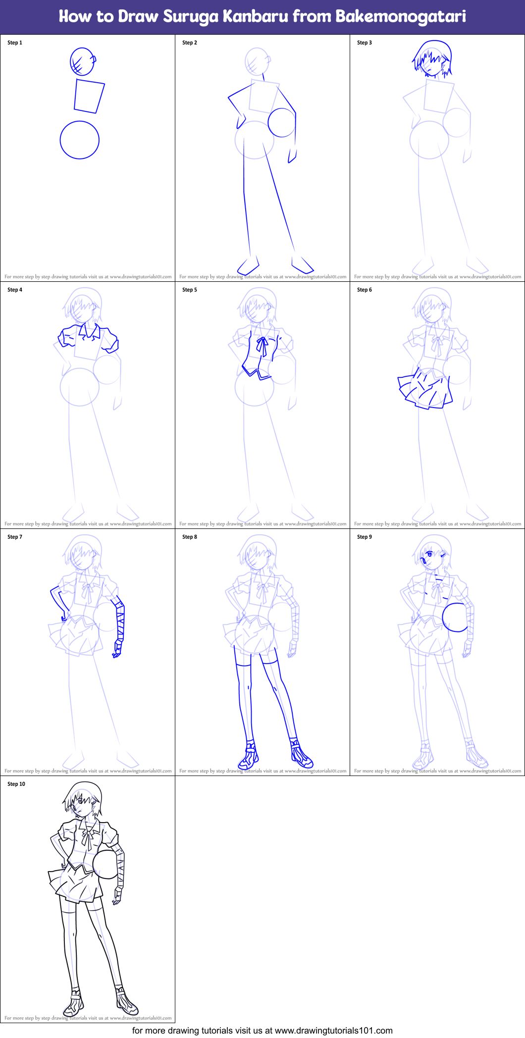How to Draw Suruga Kanbaru from Bakemonogatari Printable Step by Step
