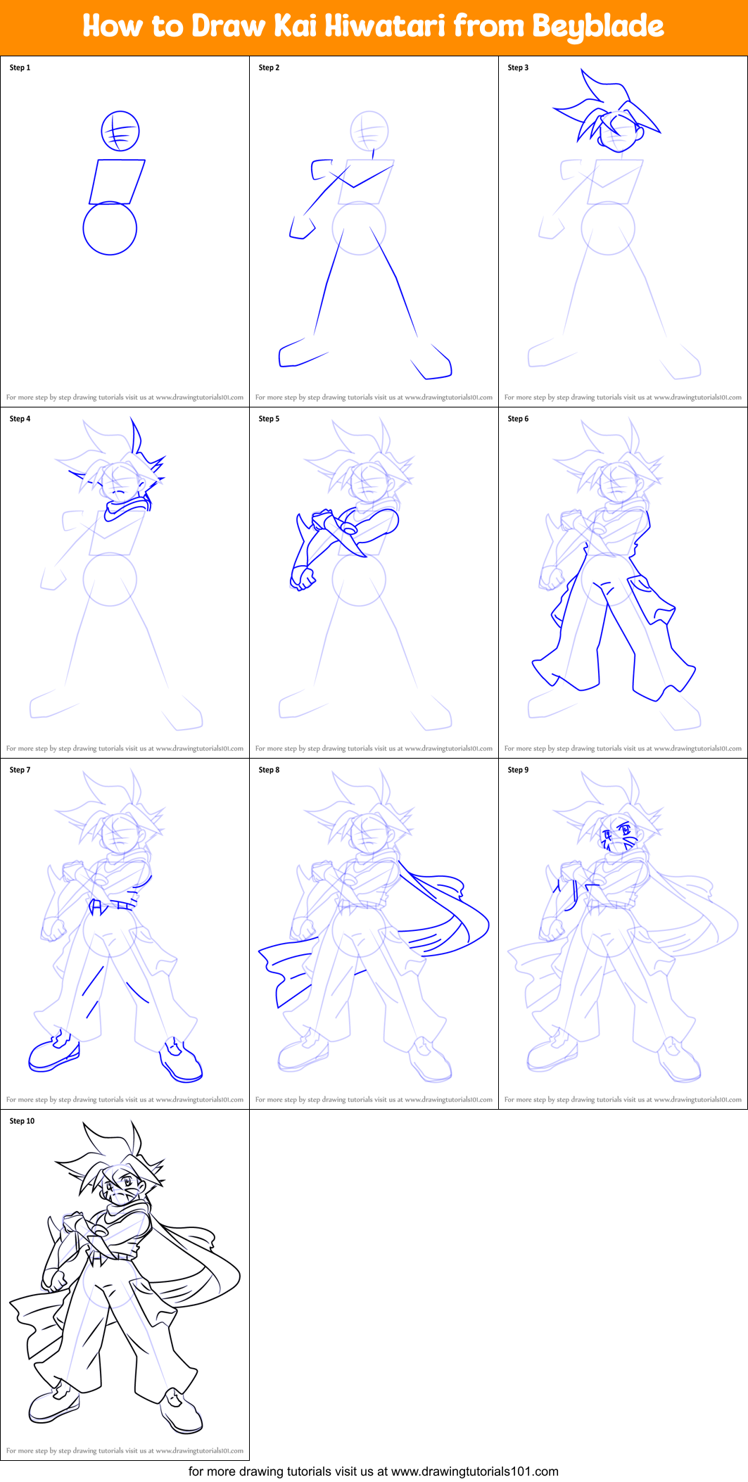 How to Draw Kai Hiwatari from Beyblade Printable Step by Step