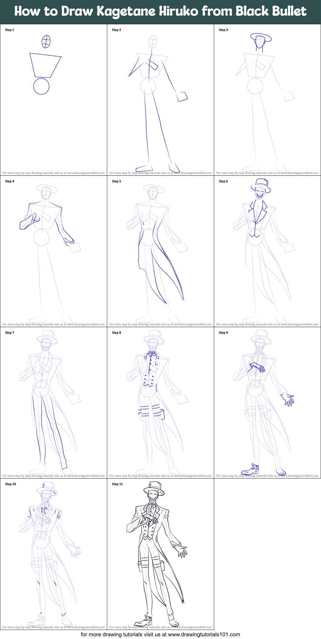 How to Draw Kagetane Hiruko from Black Bullet Printable Step by Step